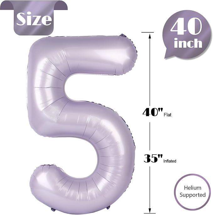 CreamPurple Number 5 Balloon 40 Inch, 5th Birthday Decorations Men Women | Foil - Image 5