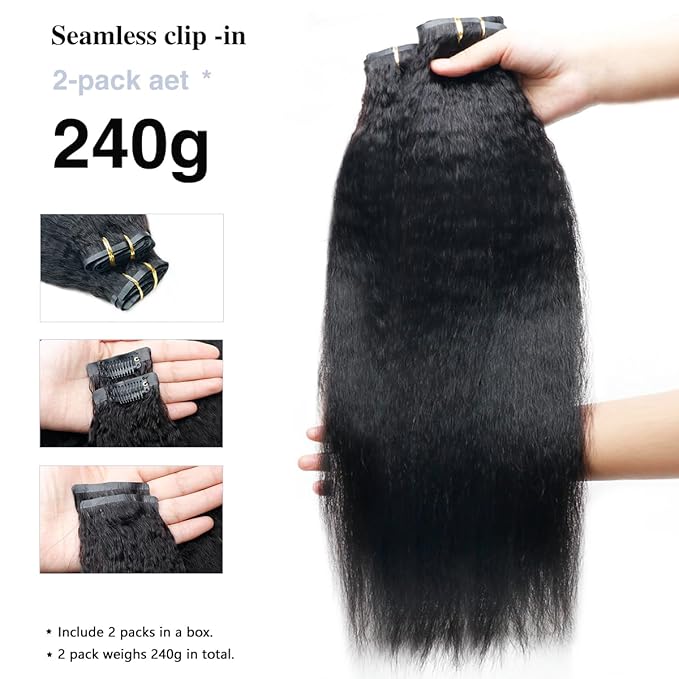 Kinky Straight Clip in Hair Extensions Real Human Hair 2 Pack 240g Seamless Clip in Hair Extensions for Women Full Max with 16Pcs PU Skin Weft 20inch Natural Black