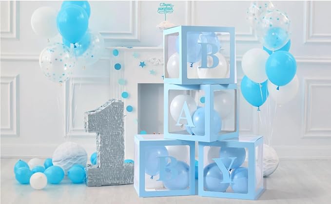 Baby Shower Boxes Party Decorations – 4 pcs Blue Transparent Balloon Boxes – - Image 7