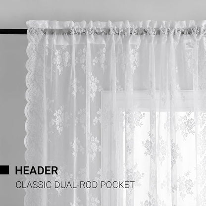 Kotile White Lace Curtains for Living Room Floral 52 x 84 Inch, 2 Panels | Rod - Image 4