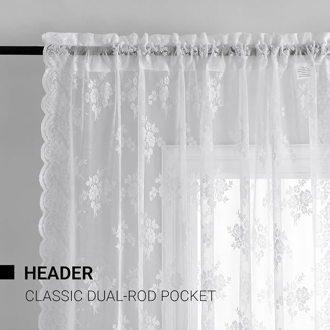 Kotile White Lace Curtains for Bedroom Rustic Floral 52 x 63 Inch, 2 Panels | - Image 2
