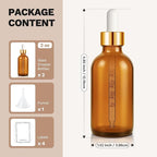 Bumobum Dropper Bottle 2 oz, 2 pack Amber Glass Eye Dropper Bottles with Golden Cap, Labels and Funnel, Tincture Bottle with Measured Cosmetic Dropper - Leakproof Essential Oils Bottles