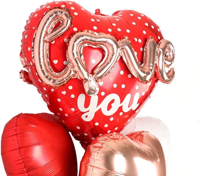 Red Heart Shape Rose Gold Love You Balloons Pack Of 6 Foil Helium Mylar Balloons - Image 3