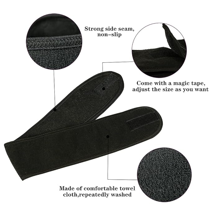 Facial Spa Headbands 4PCS, Makeup Shower Bath Wrap Sport Headband Terry Cloth Stretch Towel with Magic Tape (Black)
