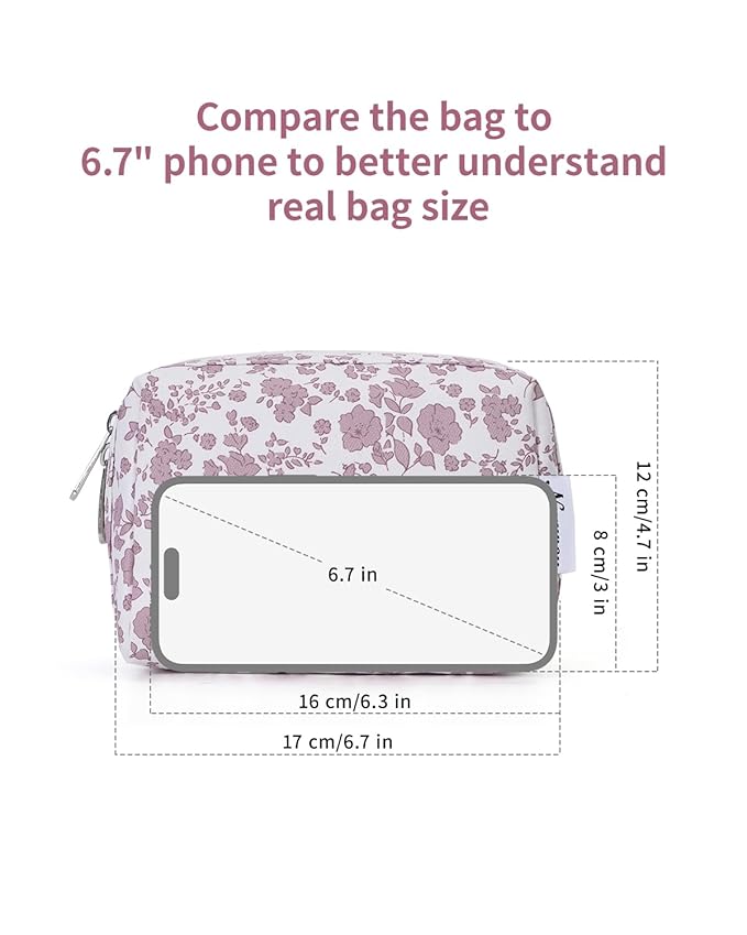 Narwey Small Cute Floral Makeup Bag for Purse Mini Cosmetic Bag Travel Makeup Pouch Zipper Pouch Cute Make up Bags with Compartments for Women Girls (Little Dusty Pink Flower, Small)