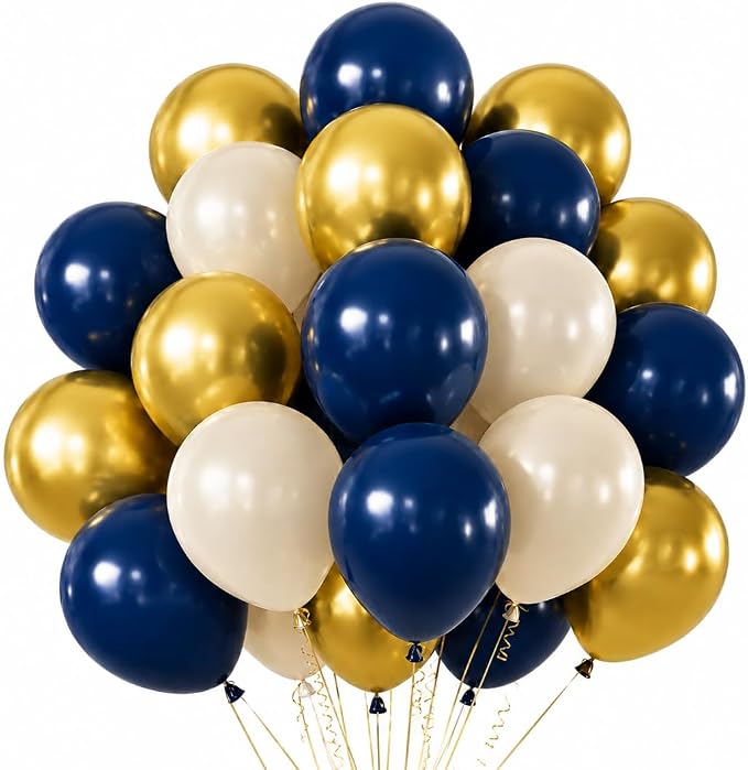 Navy Blue and Gold Balloons, 12 Inch Dark Blue and Gold Double Stuffed Pearl by Froova