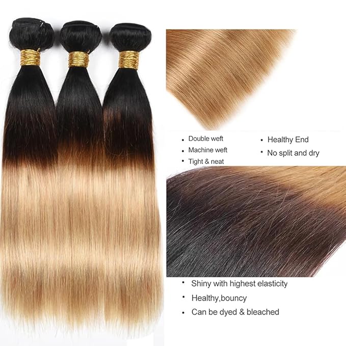 Ombre Straight Bundles Human Hair T1b427 Bundle Peruvian Virgin Remy Bundle Hair Weave 22 24 26 Inch 3 Tone Brown And Honey Blonde Bundles Hair Extensions