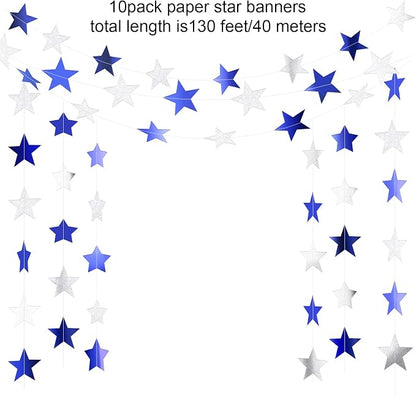 Patelai 130 ft Star Garland Banner Decor, Ocean Blue, Glitter Silver - Image 2