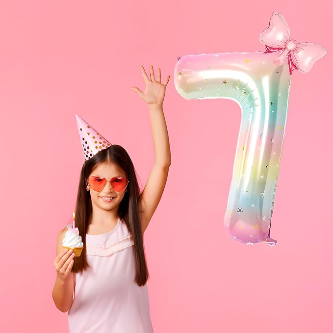 Number 7 40 Inch Rainbow Star Gradient Giant Number Balloon & Mini Bow Balloon - Image 3