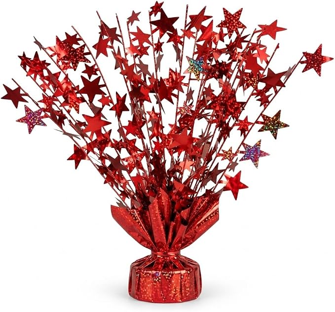 PMU Bursting Star Metallic Foil Spray Centerpiece- Red Prismatic Balloon Weights by PMU