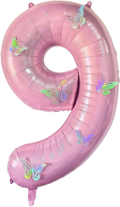 40 Inch Number Balloon Pink Large Mylar Foil Pink Number Balloons and Butterfly by GLASNES
