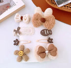 Hair Clips for Baby Girls-8 Pcs Beige Hair Accessories with Knitted Flower, Bow, Butterfly Designs-Soft Wool and Crochet Hairpins-Non-Slip Barrettes for Daily and Occasional Wear (Design 3-8pc Set)
