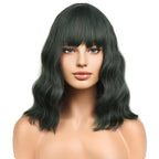 BERON 14 Inches Dark Green Wig for Women Short Curly Wig Green Wigs with Bangs Loose Wavy Wigs for Daily or Party