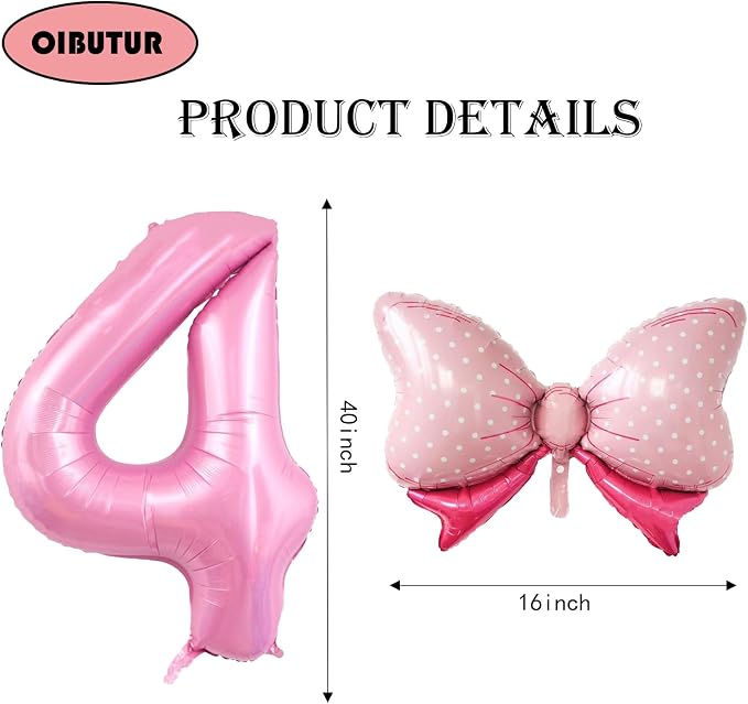 40 inch Number 4 Balloon with Bow Pink Happy Birthday Jumbo Number Balloon - Image 2