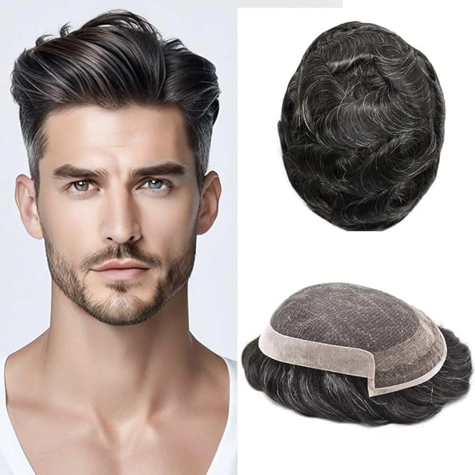 Toupee For Men Swiss Lace Hair System For Mens ToupeeL Human Hair Lace Hair Piece For Mens Toupee Hair Units 6X8#1B Off Black 120% Density