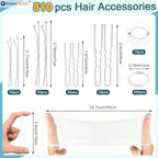 510PCS Silve Bobby Pins Hair Pins Kit with Hair Net, YINGFENG Includes 100 Bobby Pins for Women, 100 U-Shaped Buns Hair Clips, 300 Hair Bands and 10 White Hair Nets, for Gray Hair