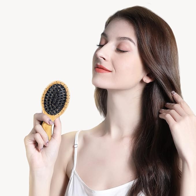 RHOS Mini Boar Bristle Hair brush for Women/Men/Kids-Small bamboo Paddle Brush for Smoothing/Detangling/Adding Shine-Travel Size bamboo Hair Brush for Pocket,Bag