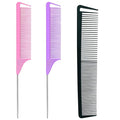 3-in-1 Rat Tail & Styling Combs - Carbon Fiber Teasing & Stainless Steel Pintail for Women & Men - Fine Teeth Salon Hairdressing Tools (Black, Pink, Purple)
