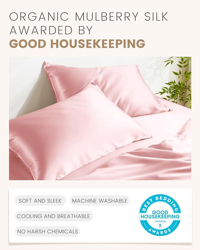 THXSILK 100% Mulberry Silk Pillowcase for Hair and Skin, Concealed Zipper, Both Sides Grade 6A+ Silk, Organic Silk Pillowcase Standard Size 20x26 inches, 1PC, Light Pink