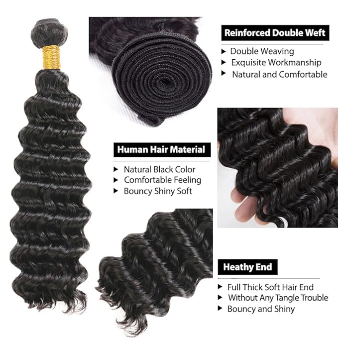 Single Human Hair Bundle 22 Inch Color 1B Deep Wave Bundles Peruvian 8A Virgin Remy Hair Extensions Double Weft Real Natural Black Deep Wave Hair Weave