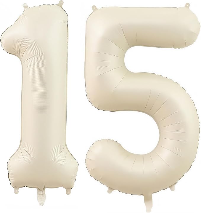 Cream Number 15 Balloons, 40 Inch 15 Balloons Giant Helium Foil Mylar Beige 15 by BBPOOL
