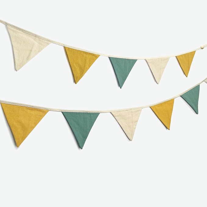 2 Sets of Yellow Green Nursery Garland Fabric Baby Banner 24Pcs Linen Triangle - Image 4