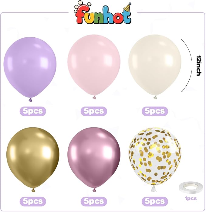 Pink and Purple Balloons, 12 Inch Metallic Pink Light Purple White and Gold - Image 2