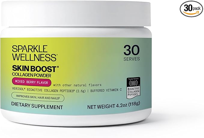 Sparkle Wellness VERISOL Bioactive Hydrolyzed Collagen Peptides | Collagen Powder Supplement with Vitamin C for Skin, Hair & Nail Health | Skin Boost (Mixed Berry) [30-Serves]