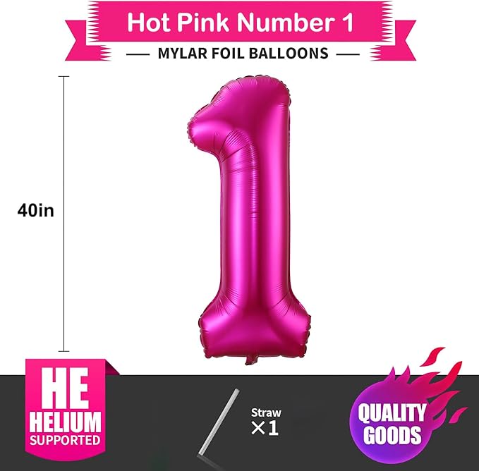 1 Balloon Number Hot Pink 1 Birthday Balloon 40 inch Foil Mylar Large 1 Balloon - Image 2