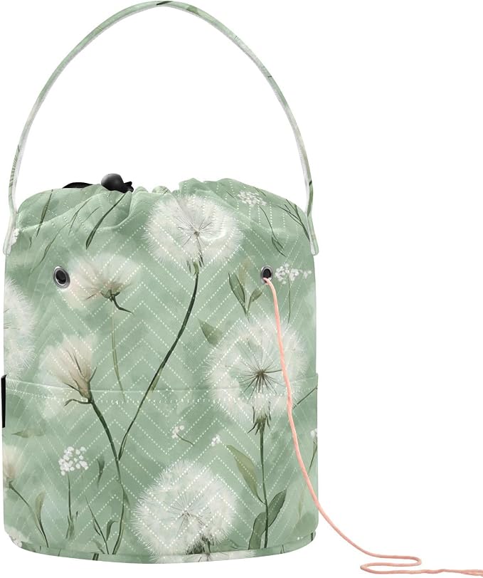 Dreamy Green Dandelions Yarn Bag Small Crochet Bag Drawstring Yarn Storage by Tatenale