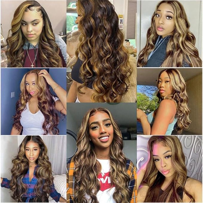 Highlight Bundles Human Hair Blonde Body Wave Bundle Brazilian Virgin Remy Hair 3 Bundles 24 24 24 Inch Niegmeag 2 Tone Black and Honey Blonde Bundle P1B27 Color