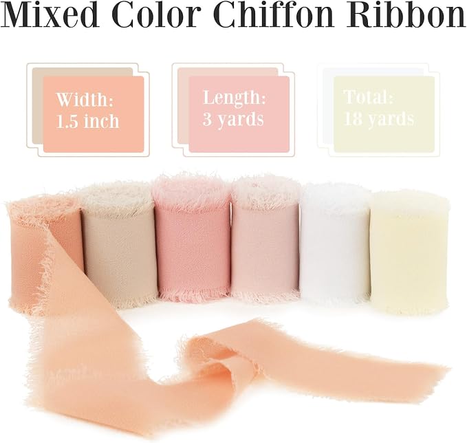 Handmade Fringe Chiffon Silk Ribbon 1.5 Inch x 3Yd Peach/Blush/Pink Soft - Image 2