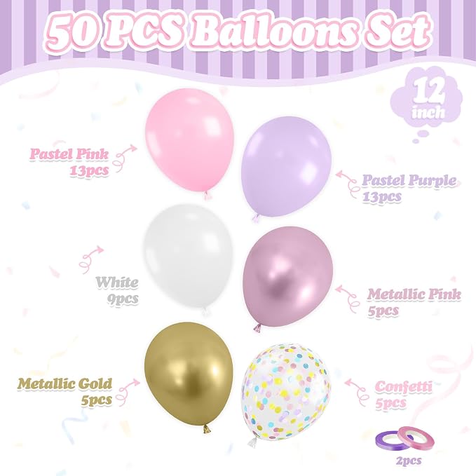 Pink Purple Balloons, 12 Inch Metallic Gold Colorful Confetti Latex Balloons - Image 2
