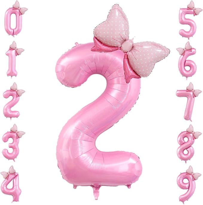 40 inch Number 2 Balloon with Bow Pink Happy Birthday Jumbo Number Balloon by OIBUTUR