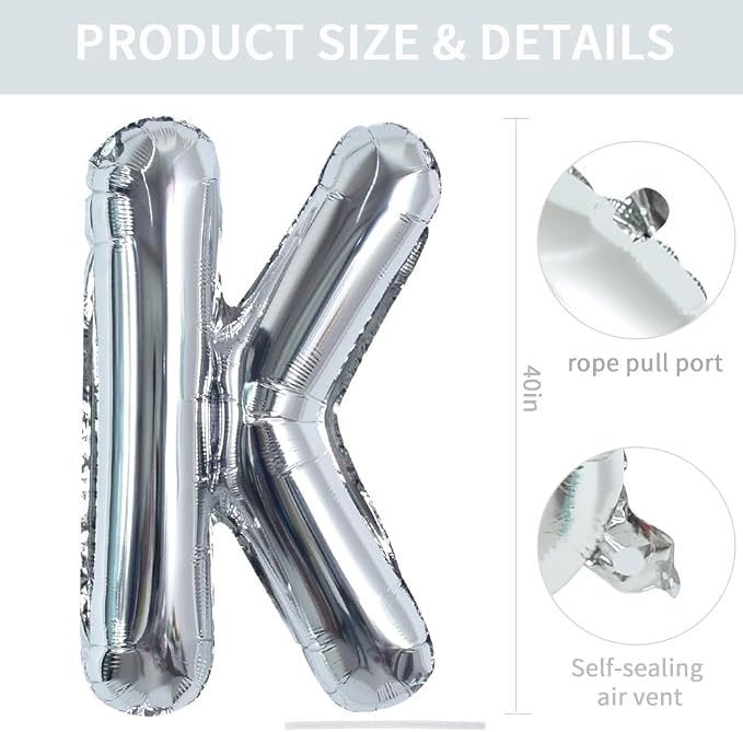 TONIFUL 40 Inch Large Silver Letter K Foil Balloons Alphabet Balloons | Giant - Image 2