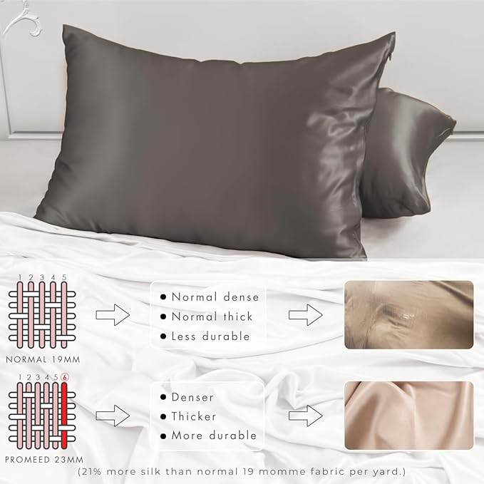 PROMEED 100% Silk Pillowcase 2 Pack, Zipper Closure, 23 Momme 3rd Gen Grade 6A+ Mulberry Silk Pillow Case Set of 2, Real Silk Pillow Cases for Hair and Skin (King 20"x36", Grey)