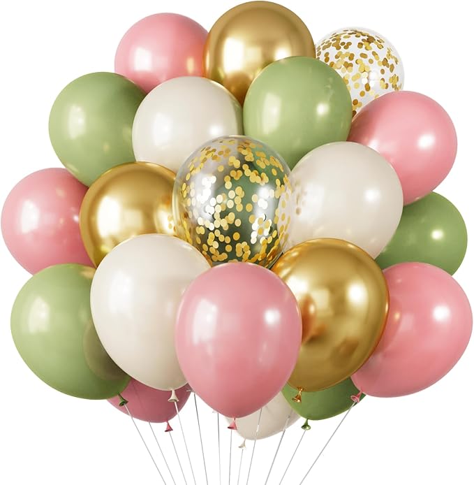 RUBFAC Pink and Sage Green Balloons, Party Easter Balloons Metallic Gold by RUBFAC