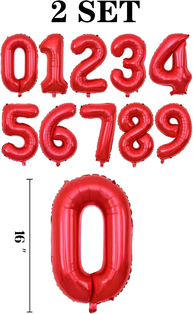 2 Set 20 Pcs Number Balloons 16 Inch Red 0-9 Number Mylar Foil Balloons Red - Image 2