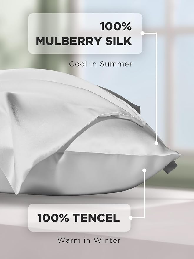 Mulberry Silk Pillowcase for Hair and Skin, SGMSILK 22 Momme Natural Silk Pillow Cases with Zipper, 6A Soft and Smooth Single Sided Pure Silk Pillow Cover (Light Gray, Standard 20"x26")
