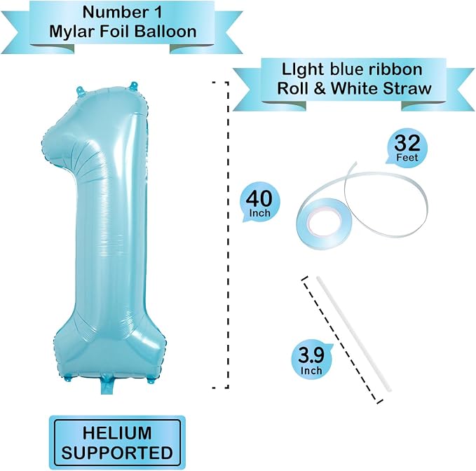 40 Inch Light Blue Number Balloons, Helium Mylar Foil - Image 3