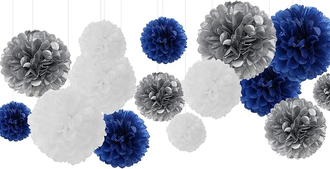 Navy-Blue White Silver Tissue Pom-Poms by Panduola