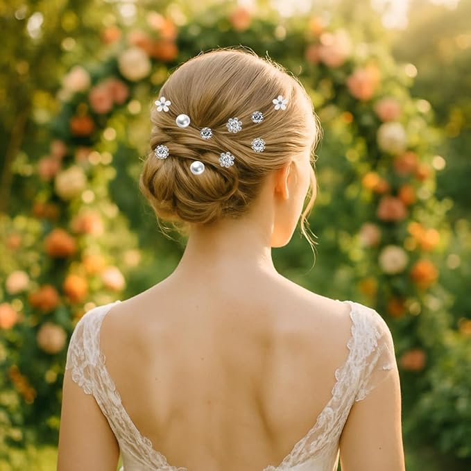 40 PCS Wedding Hair Pins for Brides, Pearl Hair Pins for Wedding, Silver Crystal Rhinestone Hair Pin Decorative Hair Accessories for Bridal Bridesmaid Women Prom Party
