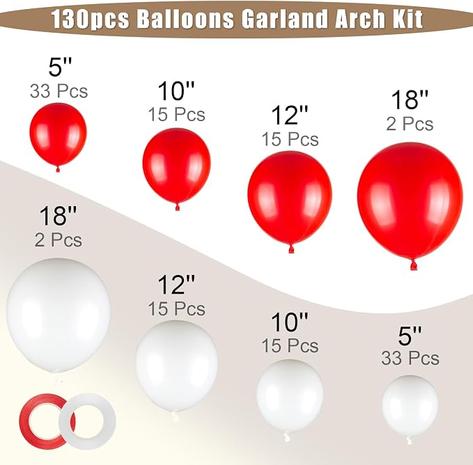 130pcs 18 12 10 5 Inch Red and White Balloons Garland Arch Kit | Different - Image 2