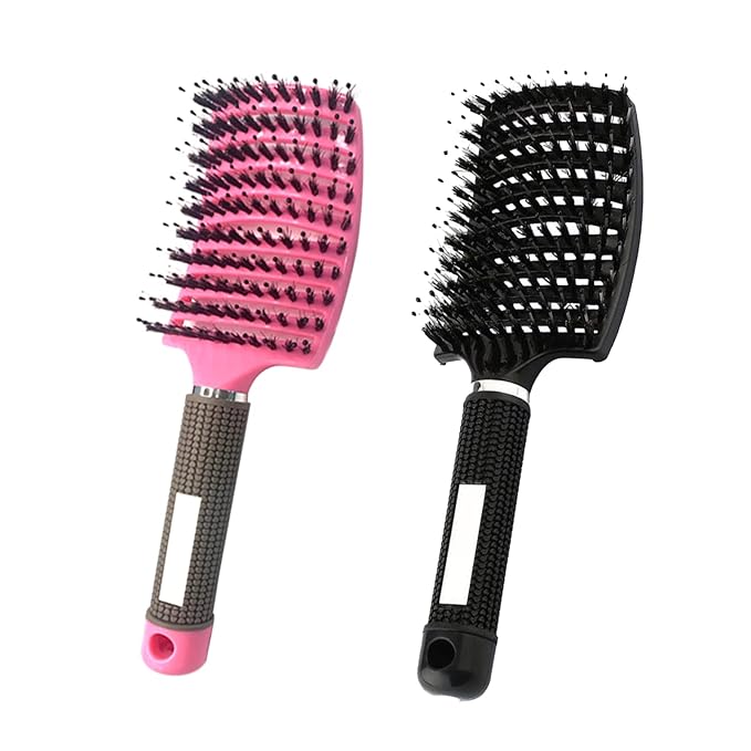 Hair Brush, 2 Pack Boar Bristle, Vented, Curved, Fast Blow Drying, Detangling, Shine & Smooth, All Hair Types, Unisex, Pink & Black