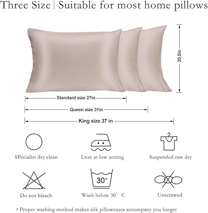 Silk Pillowcase Set, 2 Pack, 100% Mulberry Silk, Hypoallergenic, Soft, Breathable, Reduces Wrinkles, King Size, Apricot Gray