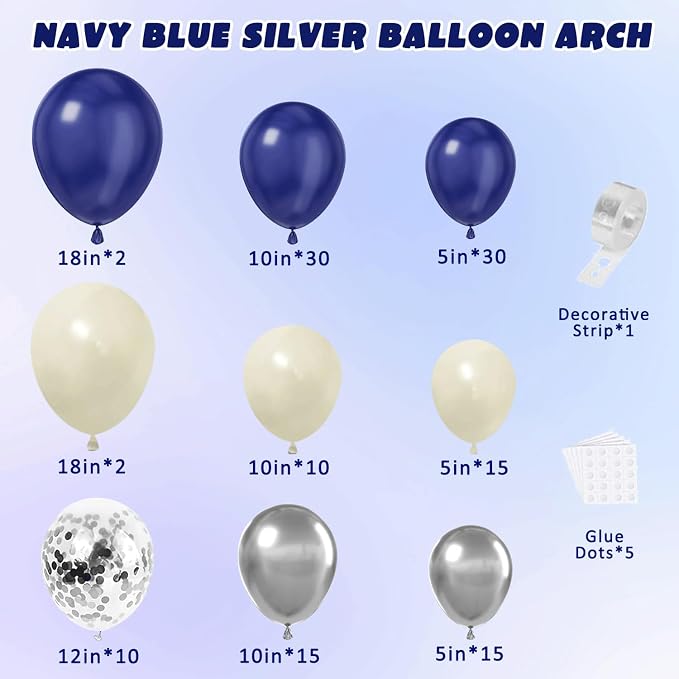Navy Blue Silver Balloon Arch Kit, Pearl White, Different Size | Double Stuffed - Image 2