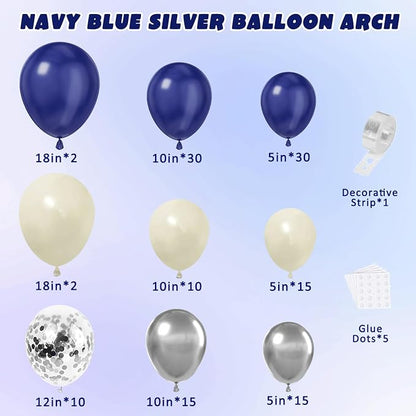 Navy Blue Silver Balloon Arch Kit, Pearl White, Different Size | Double Stuffed - Image 2