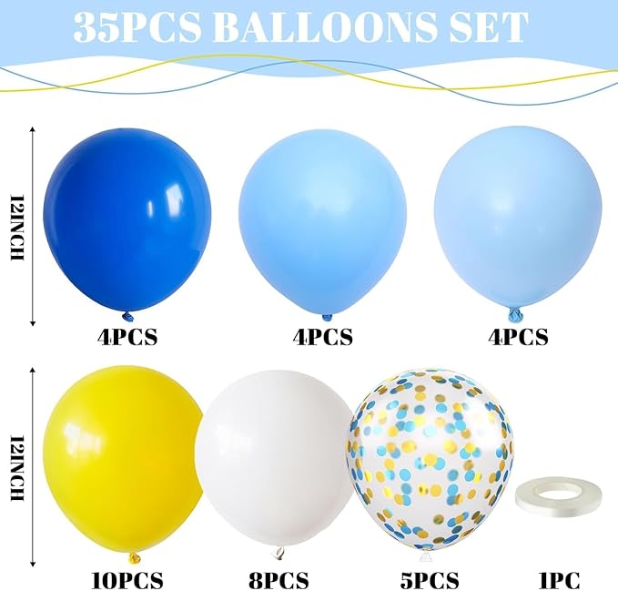 Blue Yellow Balloons, 12Inch Dark Light Blue Yellow and White Latex Balloon - Image 2