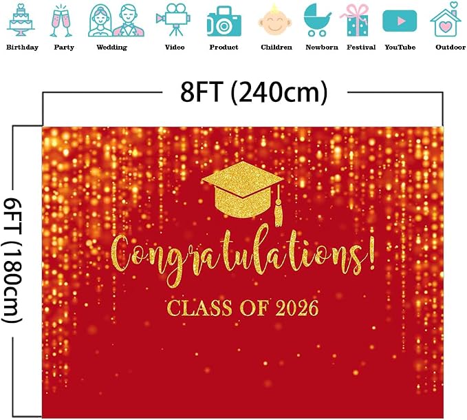 Mocsicka Class of 2026 Backdrop Red Gold Glitter Bokeh Graduation Party - Image 4