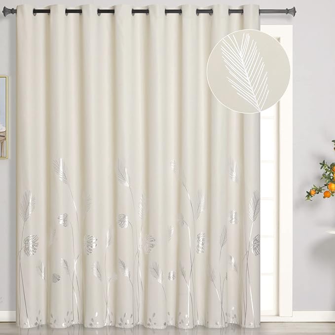Cream Beige Curtain for Sliding Door 100W x 84L Inch Long Silver Palm Curtains by ESTELARTEXTILER